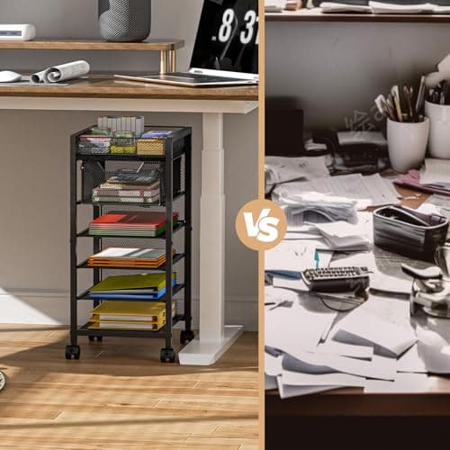 keomaisyto Under Desk Storage Slim File Cabinet, 6-Tier Rolling File Cart with Paper Letter Tray & Drawer, Standing Paper Organizer with Wheels, Narrow Desk Organization for Home Office Workspace 5