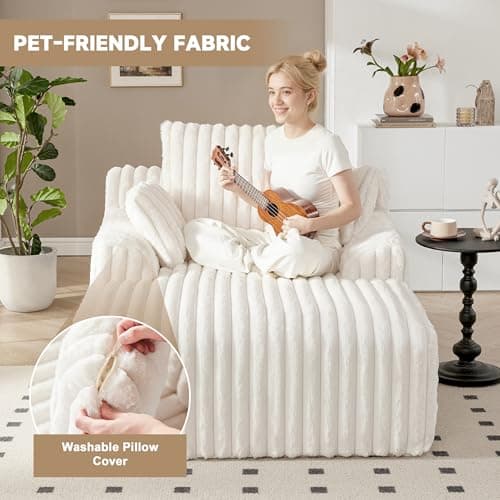 Mangodan 63" Oversized Chaise Lounge Chair Indoor, Boneless Couch Chair with 3 Pillows, Comfy Reading Chair with Wide Arms, No Assembly Required Corduroy Couch, Sleeper Sofa for Living Room, Beige 6