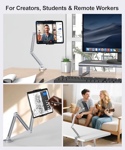 YICOSUN Tablet Arm Mount with Super Grip, Adjustable Foldable Holder & Heavy Duty Aluminum 360° Rotating Clamp for iPad, Phone, Monitor, Kindle - Universal for Desk, Bed, Kitchen - Silver 5