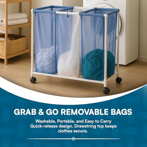 Honey-Can-Do HMP-01629 3 bag mesh laundry sorter, 30.5" x 15.3" x 30" , Blue/White 6