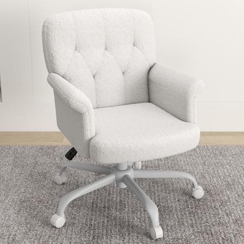 Keratee Comfy Home Office Desk Chair, Upholstered Fuzzy Vanity Chair with Wheels and Arms, Modern Adjustable Swivel Computer Seat for Living Room, Bedroom, Make Up, Home Office, White