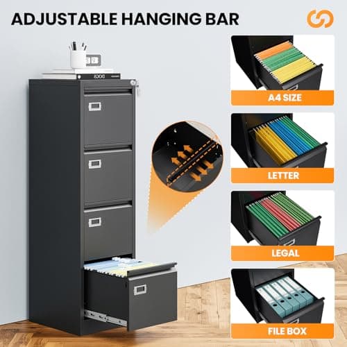 AFAIF 4 Drawer File Cabinet with Lock, Metal File Cabinets for Home Office,18" Deep Vertical Black Filing Cabinets Office Storage Cabinet for Letter/Legal / A4 / F4 Size, and File Folders 5