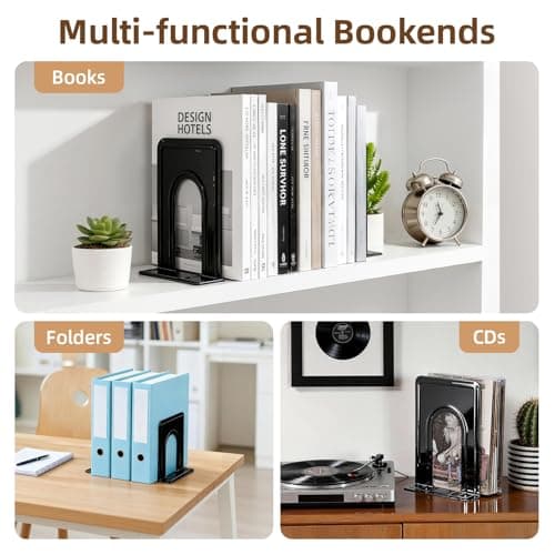 HappyHapi Book Ends, Metal Bookends for Shelves, Non-Skid Book End to Hold Books, Black Book Stopper/Holder for Office Home Kitchen, 5.7X 4.9 X 6.5 in, 3 Pair(6 Pcs, Large) 6
