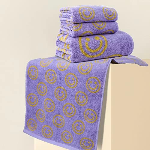 IDORESPELL Luxury Purple Yellow Cute Smiling Face Bath Towel Sets for Bathroom, 1 Bath Towels 2 Hand Towels Washcloths, 100% Cotton Ultra Soft Highly Absorbent for Women Kids Girl Boy Face Body 5