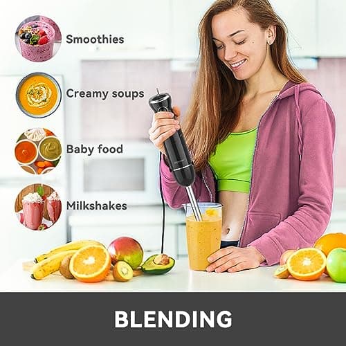Immersion Blender Handheld, 1000W 5 in 1 Hand Blender, BPA-Free 12 Speed 304 Stainless, Mixing Beaker, Chopper, Whisk, Milk Frother, Soup, Baby Food, Sauce (Black-2) 6