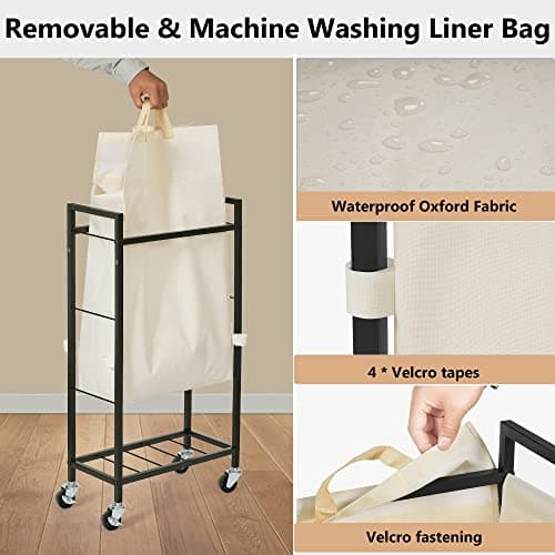 Slim Laundry Hamper with Wheels; 66L Narrow Rolling Laundry Basket with Removable Oxford Liner Bag; Thin Dirty Clothes Hamper with Sturdy Metal Frame; Tall Laundry Basket with Side Pocket (Beige) 6