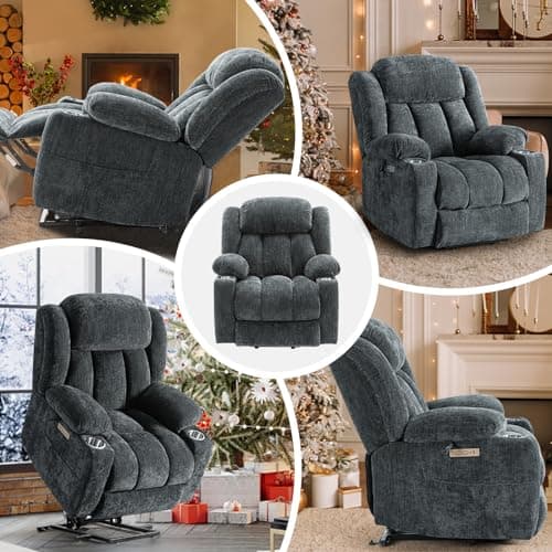 ABCASA Large Power Lift Chairs Recliners for Elderly with Heat ＆ Massage, Upgraded Chenille Recliners, USB-A ＆ C, Cup Holder, Side Pocket, Grey Blue 7