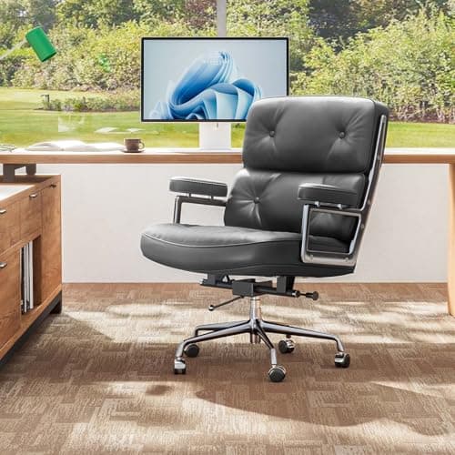 Genuine Leather Office Chair, Mid Back Executive Desk Chairs with Aluminum Arms and Wheels, Swivel Office Leather Chair with Thickened Backrest and Ergonomic Lumbar Support, Black 8