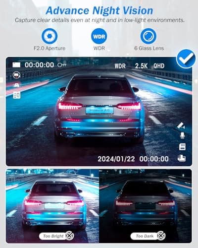 Dash Cam Front and Rear, 2.5K+1440P Triple Car Camera with 32GB Card, 3 Channel Dash Camera for Cars, G-Sensor, 3.16” IPS Screen, 24Hr Parking, 170°Wide Angle, Loop Recording, IR Night Vision, Blue 6