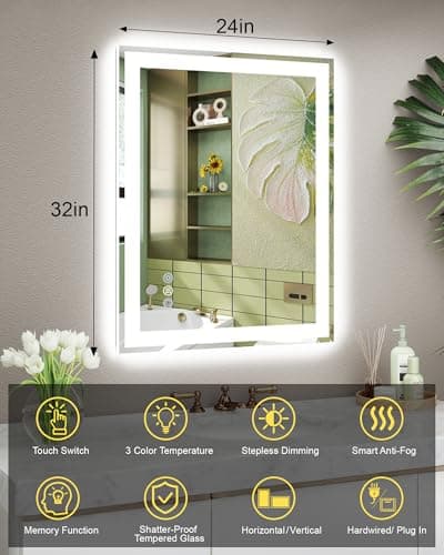 Callsky 24x32 LED Bathroom Mirror with Lights, Super Bright Front & Backlit Vanity Mirror for Wall, Anti-Fog & Memory Smart Mirror, 5mm Shatter-Proof Tempered Glass, ETL Listed, Vertical/Horizontal 6
