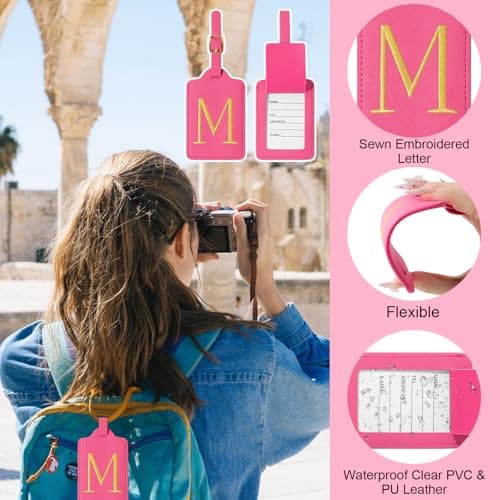 Personalized Initial Luggage Tags for Suitcases, Cute PU Leather Embroidered Letter Travel Luggage Tags, Suitcase Identifier Name Baggage Tag, Bag Tags for Men Women Kids Luggage Handbags(Rosered M) 5