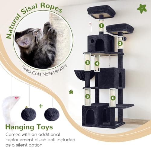 Globlazer Cat Tree Tall, 71 inches Cat Tower for Indoor Adult Cats Multi-Level 3 Condos for Indoor Cats XL Cat Tree Tower with Scratching Posts, Soft Extra Large Hanging Basket, F71, Dark Gray 5