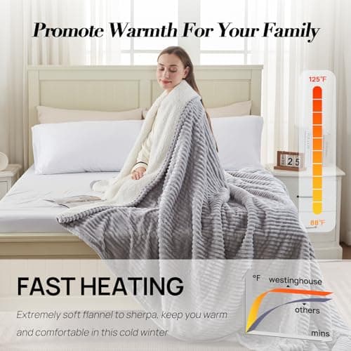 Westinghouse Queen Size Electric Blanket, Flannel to Sherpa Reversible, Heated Blanket Queen with Dual Control 10 Heating Settings & 1-12 Hours Auto Shut Off, Machine Washable, (84" x 90", Light Grey) 5