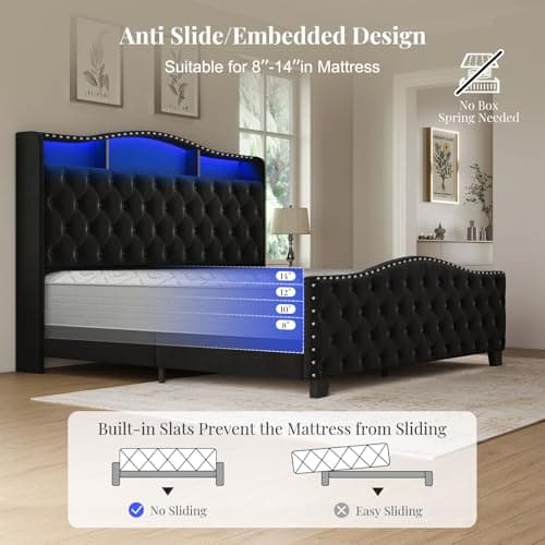 Belffin King Size Bed Frame and Headboard, 50.9" Velvet Upholstered Wingback Bedframe with LED Lights & Storage/Charging Station, Button Tufted Tall Footboard, No Box Spring Needed, Noise-Free, Black 5