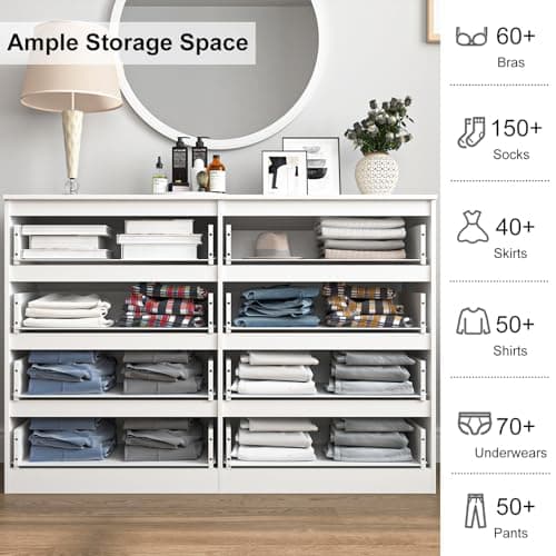 Vibe & Dine 8 Drawer Double Dresser, Modern Chest of Drawers with Wide Storage for Closet, Bedroom, Living Room, White 7