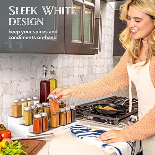 Oizeir 3–Tier Expandable Plastic Spice Rack - Adjustable Length, Stability with Non-Skid Shelf, Three Tiers for Easy Visibility, Organizer for Kitchen Cabinet, Pantry or Countertop, White/Grey 7