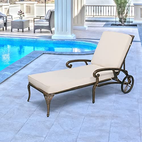 VINGLI Cast Aluminum Outdoor Chaise Lounge Chair with Wheels, Patio Chaise Lounge with 3-Position Adjustable Backrest, Tanning Chair Reclining Chair for Poolside (Bronze, with Cushion)