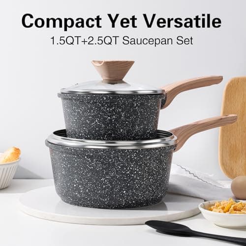 Kordisen Sauce Pan Set with Lid, 1.5QT & 2.5QT Non Stick Small Pots with Granite Coating, Saucepan with Pour Spout, Multipurpose Induction Cooking Pans, PFOA/PFOS Free 5