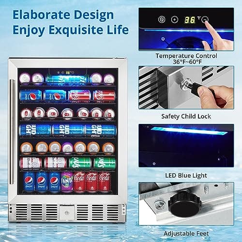 Takywep 24 Inch Beverage Refrigerator, 5.1 Cu.ft Beverage Cooler Under Counter, 166 Cans Drink Fridge for Drinks, Soda, Beer or Wine, 36～60°F Adjustable Temperature. 2