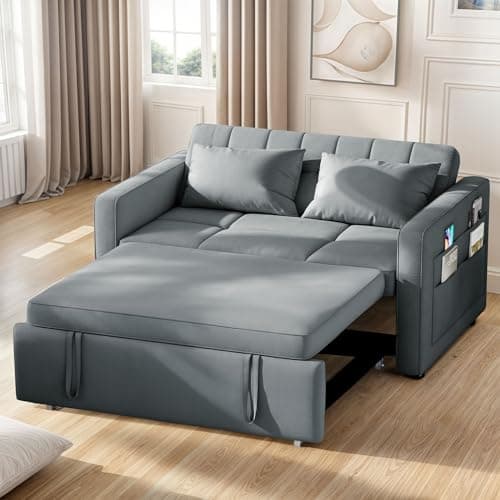 YITAHOME 55" Convertible Sofa Bed, 3-in-1 Sleeper Sofa with Pull-Out Bed, Velvet Futon Couch with Reclining Backrest and Side Pocket, Modern Loveseat for Living Room, Grey, Full Size 6
