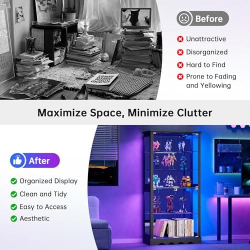 Dystler Display Cabinet with Glass Doors, 71'' Tall Curio Cabinet with RGB Lights for Collectibles, LED Display Case with Removable Shelf for Book/Medal/Figure, Black 8