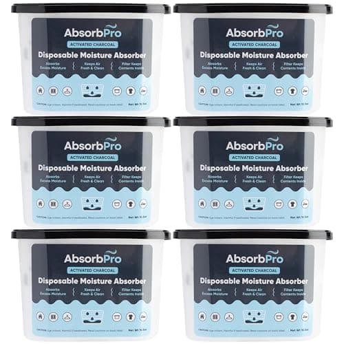 Absorb Pro - Moisture Absorber Tub with Activated Charcoal - 6-Pack - 10.5 oz Disposable Odor Eliminator Box & Dehumidifier for Garage, Home, Kitchen, Bedroom, Bathroom, Closet, Cars, and Boats