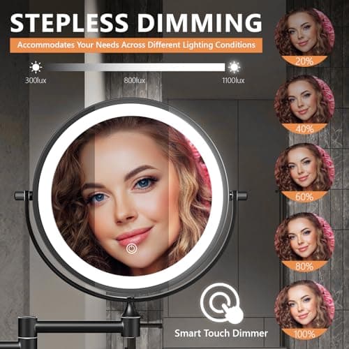 Auxmir 8'' Wall Mounted Lighted Makeup Mirror, 3200mAh Rechargeable Double-Sided 1X/20X Magnifying Mirror with Light, Touch Dimmable 3 Color Light, 360° Rotation Foldable Extended Arm, Black 5