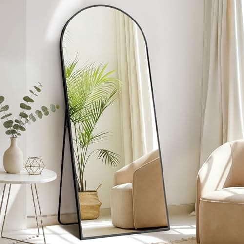 DUMOS 63"x20" Arched Full Length Mirror with Stand Floor Free Standing Aluminum Frame for Bedroom Body Hanging Leaning Modern Simple Home Decor Shatter-proorf Nano Glass Wall, Black-Rounded 7