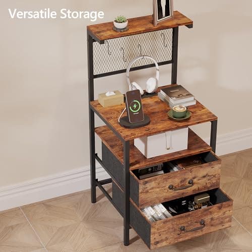 TRIFEBLE Tall Nightstand Set of 2 with Charging Station and LED Lights, Night Stand with Fabric Drawers, Bedside Table 36.4 Inch with Storage Shelves, Side Table, Mesh Shelves with Hooks, Rustic Brown 6