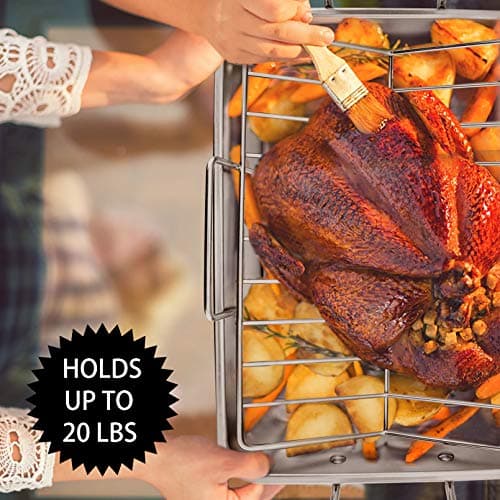 P&P CHEF 16" Roaster Roasting Pan with Baking Rack and V-shaped Rack, Stainless Steel Rectangular Lasagna Pan with Handles for Turkey Chicken, Healthy & Dishwasher Safe, 3 Pieces, Silver 6