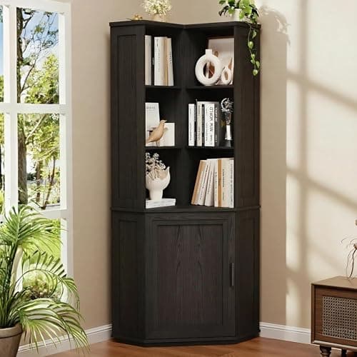 BROTTAR Corner Bookshelf, 67" Tall Corner Bookcase with Large Storage, Storage Cabinet for Books, L-Shaped Bookshelf with Cabinet for Living Room, Home Office, Bedroom, Black