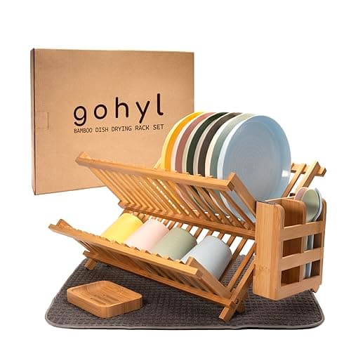 gohyl Kitchen Dish Drying Rack for Counter - Bamboo Wooden Collapsible Dishes 2 Tier Small Strainer Dishrack
