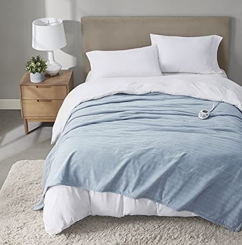 Serta Travis Fleece Ultra Soft Tri-Rib Textured Electric Blanket, Cozy and Snuggly Cover Fast Heating for Cold Weather, Auto Shut Off, Multi Heat Setting Controller, Twin, Dusty Blue