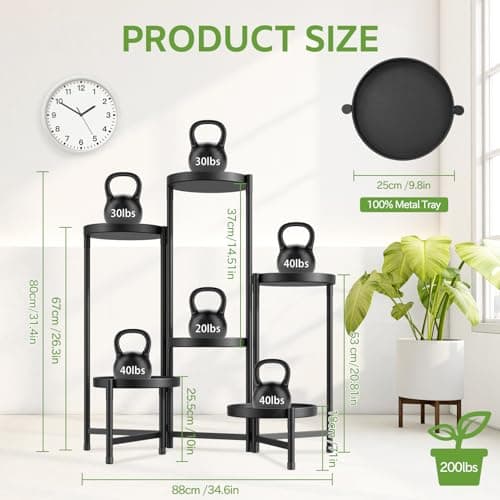 iDavosic.ly 6 Tier Large Plant Stand Indoor with 10 Inch Wide Tray, Tiered Corner Metal Outdoor Flower Display Holder Shelf, Folding Tall Rack for Patio Porch Living Room, Modern Black 6