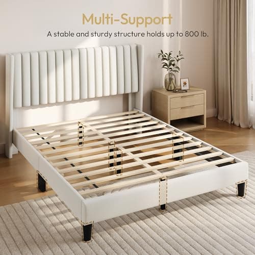 Yaheetech Queen Bed Frame Upholstered Platform Bed with Fabric Headboard, Wing Edge Design/Non-Slip and Noise-Free/Wooden Slats Support/No Box Spring Needed/Easy Assembly, Ivory Queen Bed 7