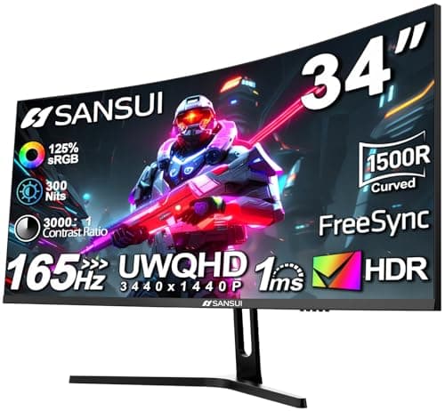SANSUI 34-Inch Curved Gaming Monitor UWQHD 3440 x 1440 Up to 165Hz Curved 1500R - PIP/PBP, 1ms(MPRT), HDR, 300nits, sRGB 125%, DCI-P3 95%,FreeSync,HDMIx2,DP1.4x2 (DP Cable Included)