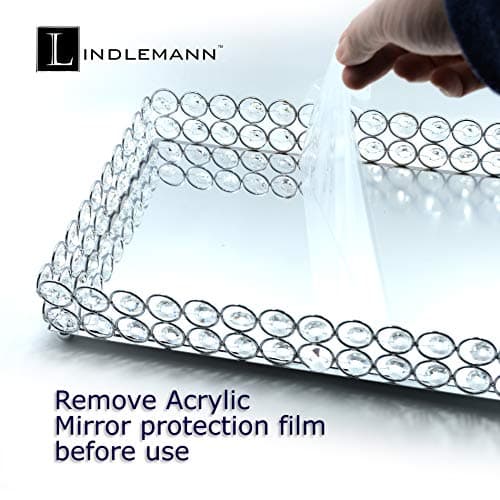 LINDLEMANN Decorative Tray Metal Mirrored Vanity Trays Crystal Ornate Perfume Jewelry Makeup Dish Dresser Countertop Organizer for Home Decoration & Holiday Party (Rectangle, 12x9in, Silver) 5