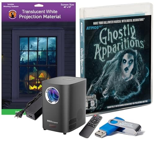 HoliScapes® USB Projector Kit - AtmosFx Ghostly Apparitions on USB + Projector + 48" x 72" Large White Holographic Screen for Halloween Projection