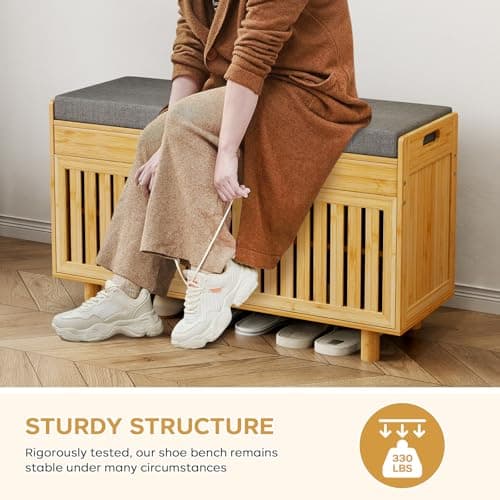 oakvivo 35.4in Shoe Storage Bench, Bamboo Entryway Bench with Lift Top Storage & Padded Seat Cushion, 2-Tier Shoe Rack Cabinet with 2 Doors for Entryway, Living Room, Bedroom, Mudroom, Natural 8