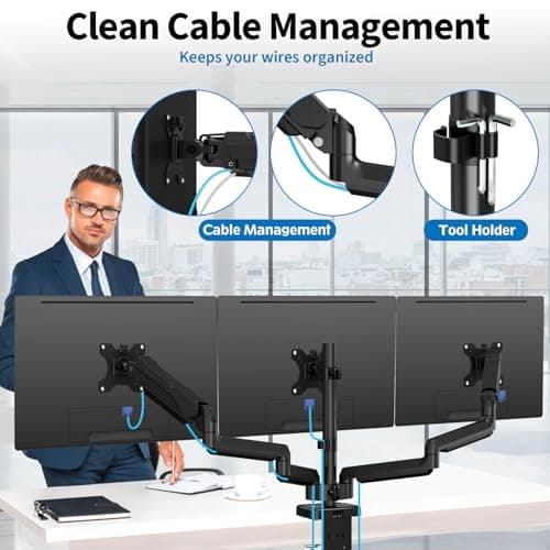 ErgoFocus Triple Monitor Desk Mount for Computer Screens up to 32", Holds up to 19.8 lbs Each, 3 Monitor Arm, Heavy Duty Stand Vesa Mount 75x75, 100x100 7