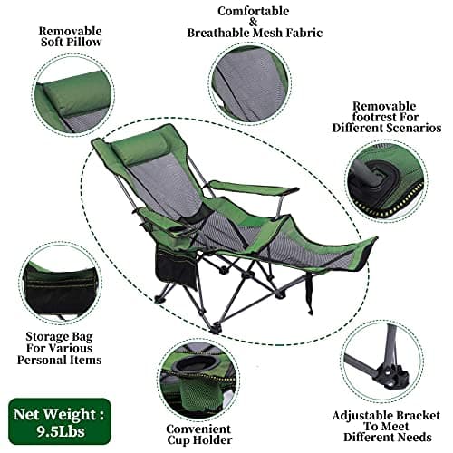 KEFOMOL Camping Lounge Chair, Portable Reclining Camping Chair, Folding Camping Chair with Footrest,Headrest & Storage Bag,Mesh Recliner with Backpack, 330lbs Weight Capacity (Green) 6