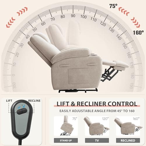Power Lift Recliner Chair with Massage Ergonomic Recliner Chair for Elderly People, Single Sofa with Cup Holders, Side Pockets (Fabric, Beige) 6