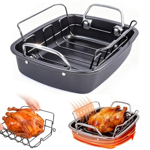 24lb Carbon Steel Nonstick Roasting Pan with Rack - BPA Free, Leak-Proof, 450°F Heat Resistant (17x13x4in) | Oil-Draining, Dishwasher Safe for Thanksgiving Christmas Turkey