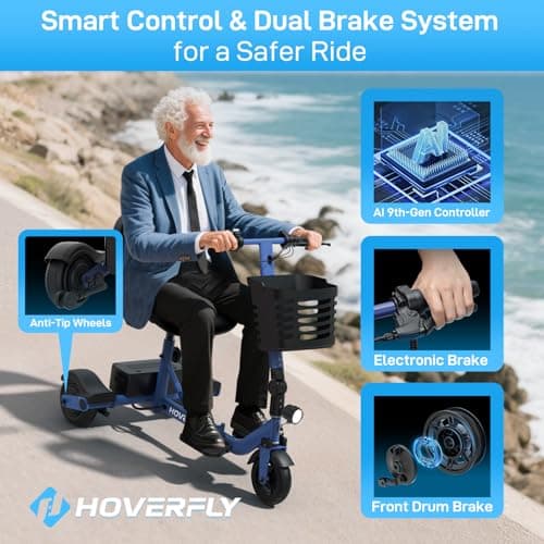 Hoverfly T3 Folding Powered Mobility Scooter for Seniors, Portable 3-Wheel E-Scooter with Seat, 13-Mile Range Safe LiFePO4 Battery, 264 lbs Load&Solid 8" Tires, Fits in Car Trunks for Daily Rides Blue 5