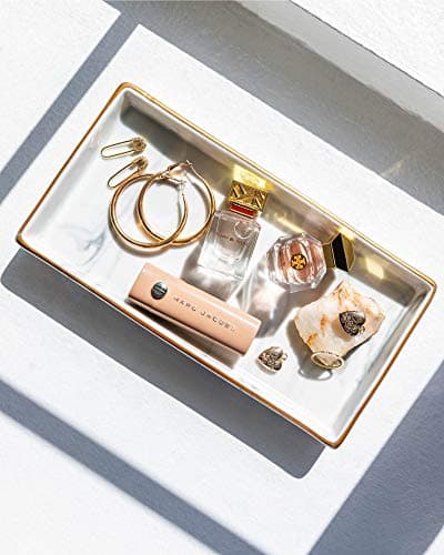 Ceramic Vanity Candle / Perfume Tray Decor with White Marble Finish | Decorative Jewelry Dish for Dresser, Bathroom, 9x4.5x1 inches 5