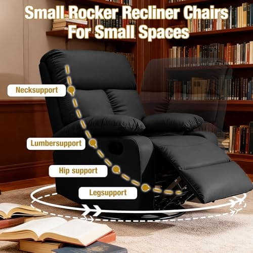 hzlagm Swivel Rocker Recliner, Rocking Recliners Chair for Small Spaces, Small Rocker Recliner Chair, Nursery Rocking Chairs for Living Room, RV, Nursery, Black 7