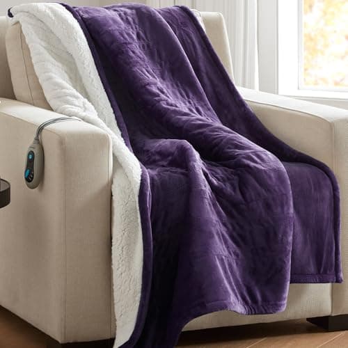 Beautyrest Heated Blanket, Eletric Throw Blanket, Soft, Warm, Reversible Plush - Sherpa Heating Blanket Throw for Office, Couch, 3 Heat Settings, 2 hr Auto Shut Off, Machine Washable, 50 x 60 Purple