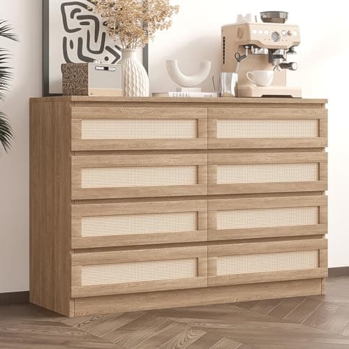 Patikuin 8 Drawer Double Dresser for Bedroom, Rattan Chest of Dressers, Modern Wooden Dresser Chest, Beside Table for Closet, Nursery, Living Room and Entryway, Natural
