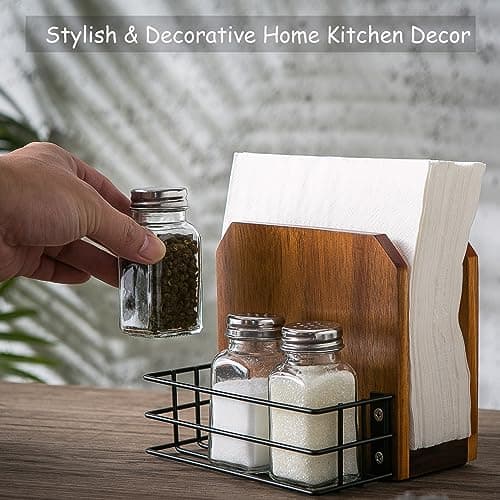 Nelybet Napkin Salt and Pepper Holder, Acacia Wooden Napkin Holder For Table With Salt and Pepper Shakers Caddy,Farmhouse Napkin Holder With Metal Stand for Kitchen Dining Room Decor 6.1x5.2x5.5 5