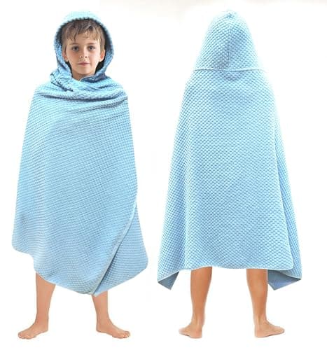 ORIGINAL KIDS Waffle Hooded Bath Towel Wrap - 100% Cotton Terry Large Oversized Hooded Kids Towel - Toddler Big Kid Shower Pool Beach - Super Absorbent Quick Dry Easy Care - 30 x 56 - Light Blue